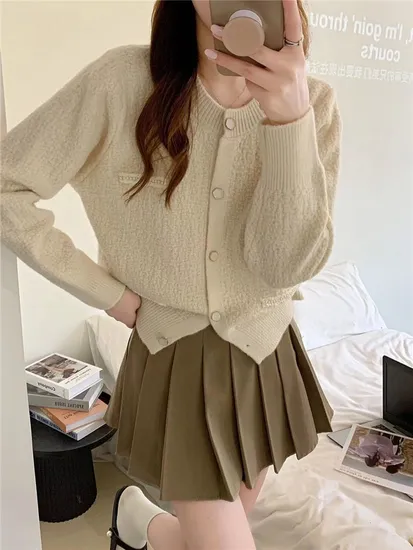 Nnr Button up Plain Cute Girl Sweater Ladies Light Blue Spring Summer Crop Colorful Sweater