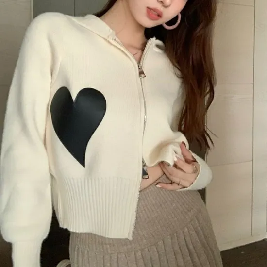 Spring and Autumn New Hoodie Zipper Knitted Cardigan Coat Female Foreign Style Outside a Hooded Sweater Female Short Style Top