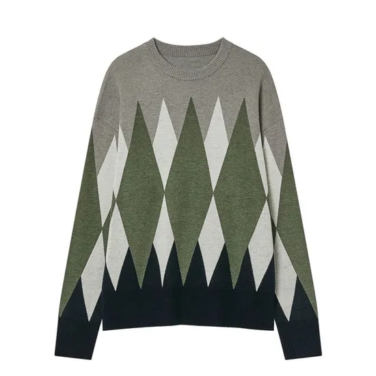 Men′s Crewneck Loose Knitted Pullover Contrast Colour Jacquard design Sweater 