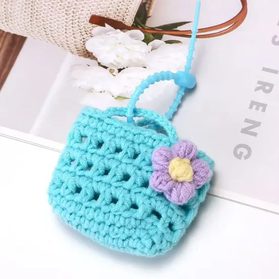 Knitted Finished Flower Earphone Bag Pendant Cute Handmade Crochet Flower Basket Flower Bag Decoration 