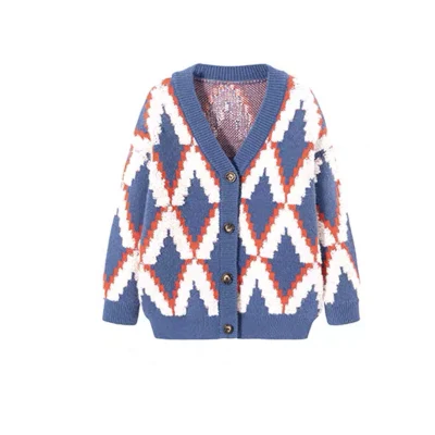 Rhombus Jacquard Contrast Colour Kids Boys/Girls Cardigan Knitted Sweater