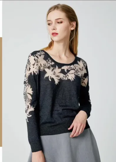 Digital Print Spring Ladies Knitted Pullover Women′s Batwing 3/4 Sleeve with Belt Sweater 