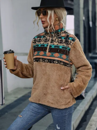 Cozy Winter Women′s Geometric Print Pullover Hoodie Multicolor Loose Fleece Sweater for Women Double