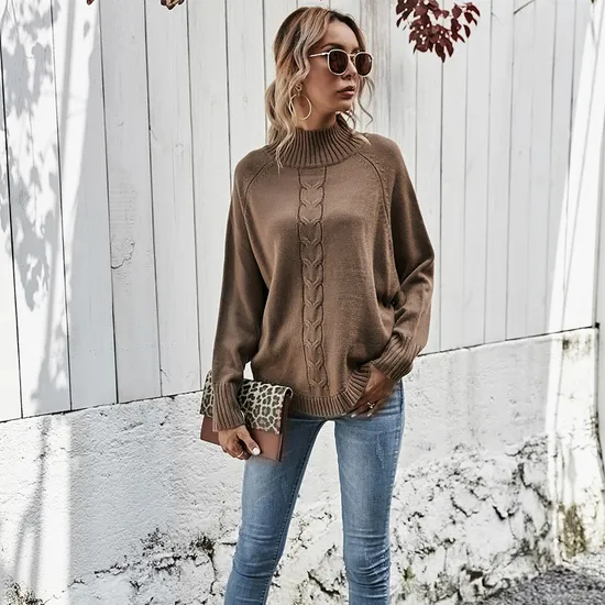 Autumn Winter Custom Cable High Neck Bat Sleeve Knitted Sweater Coat Ladies Shawl Sweater Knitwear for Woman 