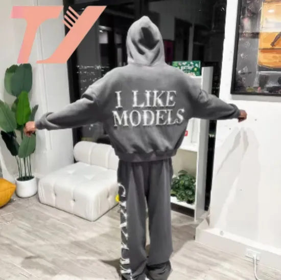 3D Puff Print Heavy Flocked Full Zip Custom Unisex Pullover Hoodie 