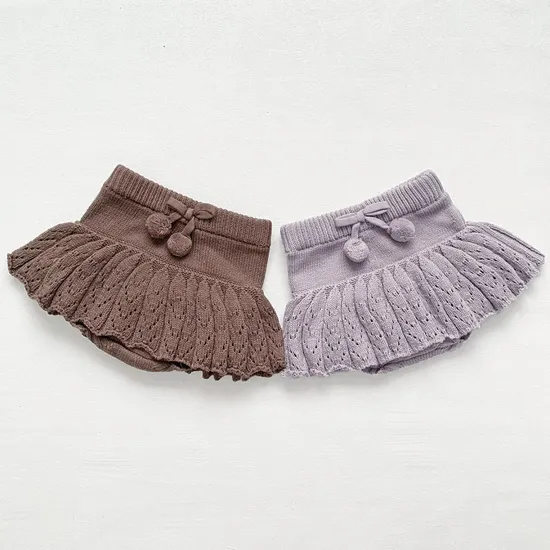 Autumn Winter Cotton Baby Girls Vintage Ball Crew Neck Knitwear Jumper Kids Children Purple Beige Hollowed