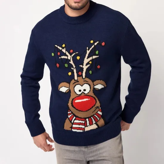 Navy Blue Rudolph Crew Neck Regular Fit Christmas for Men Sweater 