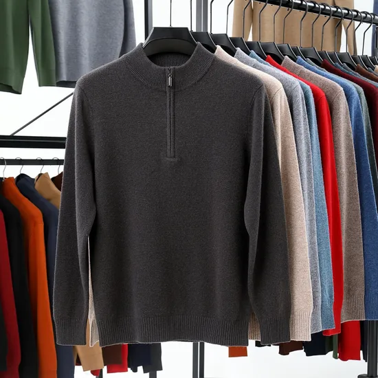 Men′ S Wool Cashmere Quarter Zip Leather Puller High
