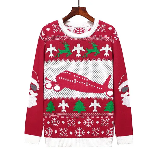 Custom OEM Santa Funny Holiday Party Knitted Pullover Sweater Couple Jacquard Knitted Xmas Deer Unisex Ugly Christmas Sweaters 
